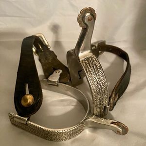 Western Spurs:Adult, brass & copper accents. Black Leather straps.
